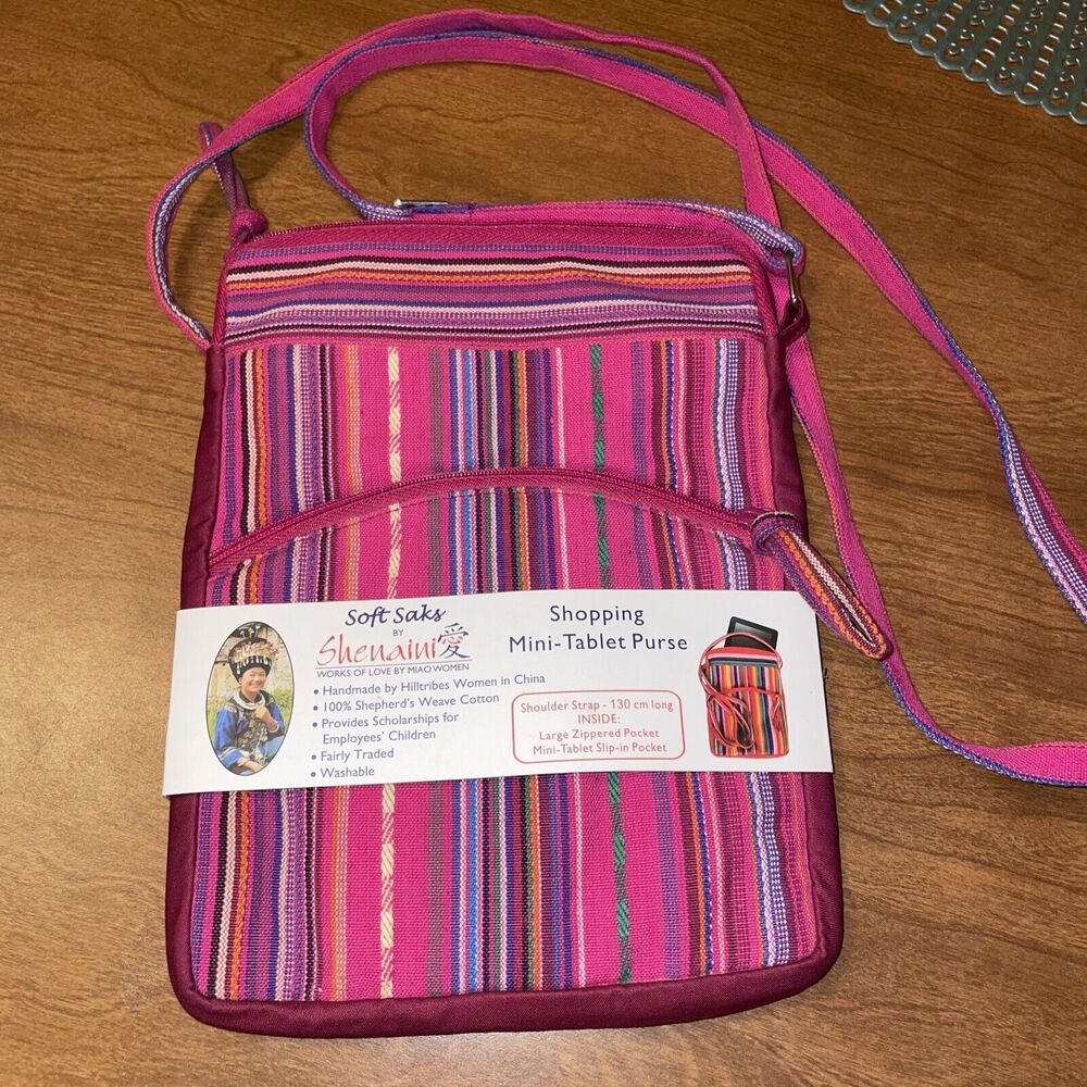 Soft Saks By Shenaini Shopping Mini-Tablet Purse Crossbody Pink Stripes
